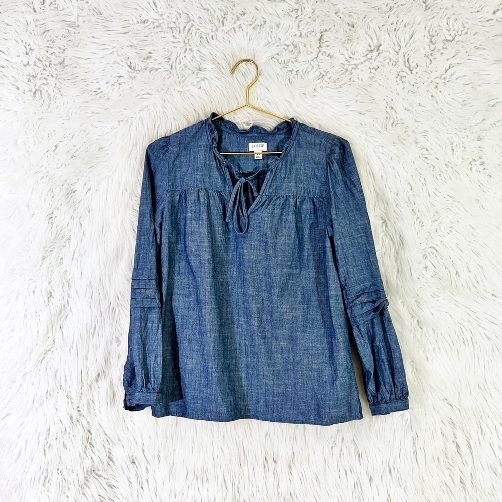 J. Crew chambray ruffle neck peasant top